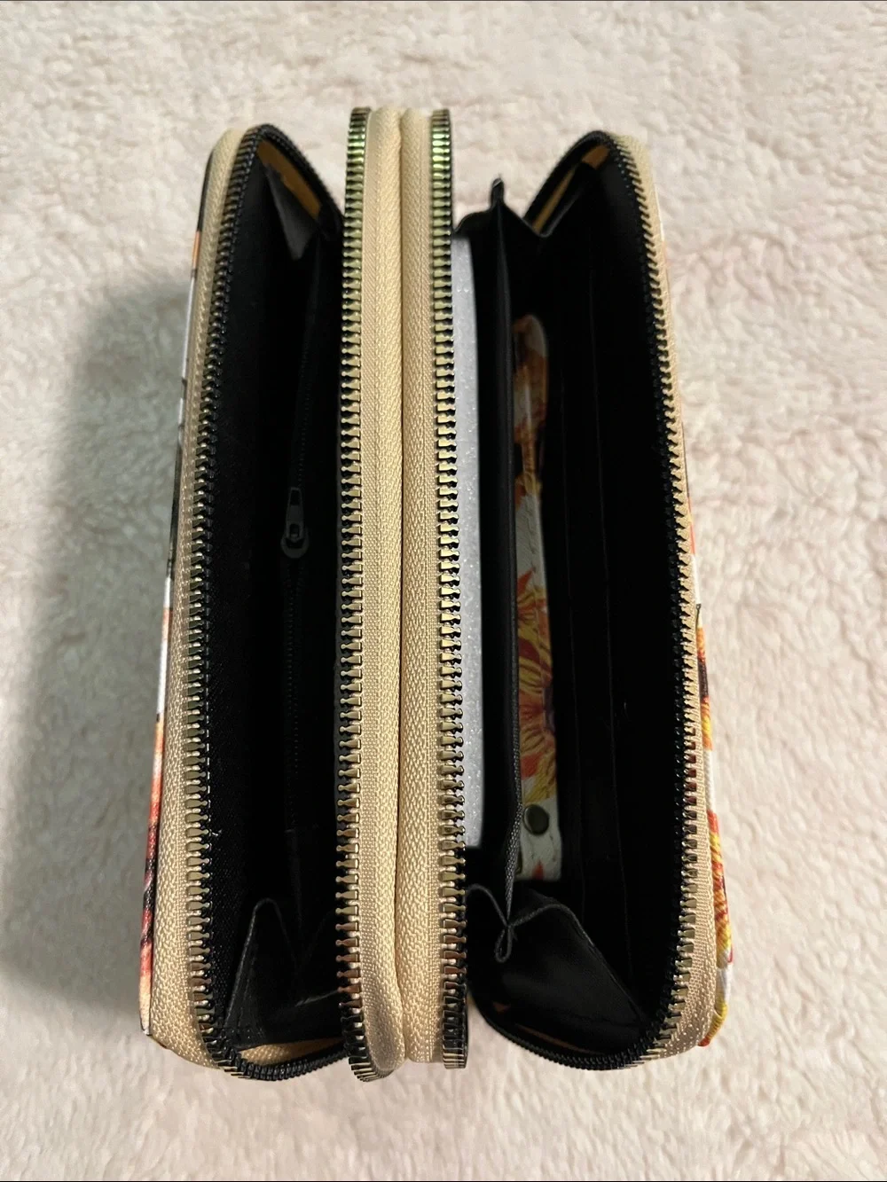 Sunflower Print Double-Zip Wallet - White & Yellow